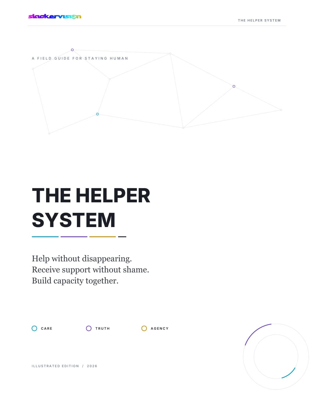 Cover of The Helper System illustrated field guide: Care, Truth, Agency.